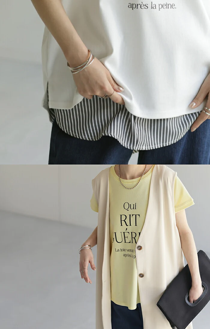 Tシャツ ロゴ 半袖 トップス ロゴT レディース プリント Uネック シンプル チュニック 長め ロング フレンチ 体型カバー きれいめ カットソー ゆったり 変形 大人 ドルマン お尻が隠れる 大きいサイズ 白 ブラック 黒 黄色 春 夏 HUG.U メール便 - Image 2