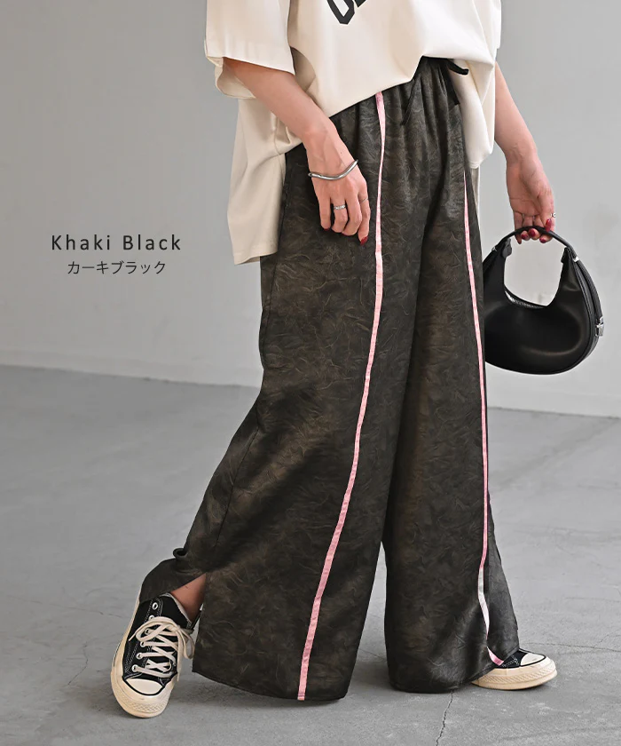パンツ ワイド ラインパンツ レディース ワイドパンツ 太い ガウチョ ガウチョパンツ ズボン ずぼん ボトムス ライン カラーパンツ ロング スポーティー マーブル 柄 フレアパンツ ウエストゴム ジャージ 体型カバー 大きいサイズ 黒 春 夏 HUG.U - Image 12