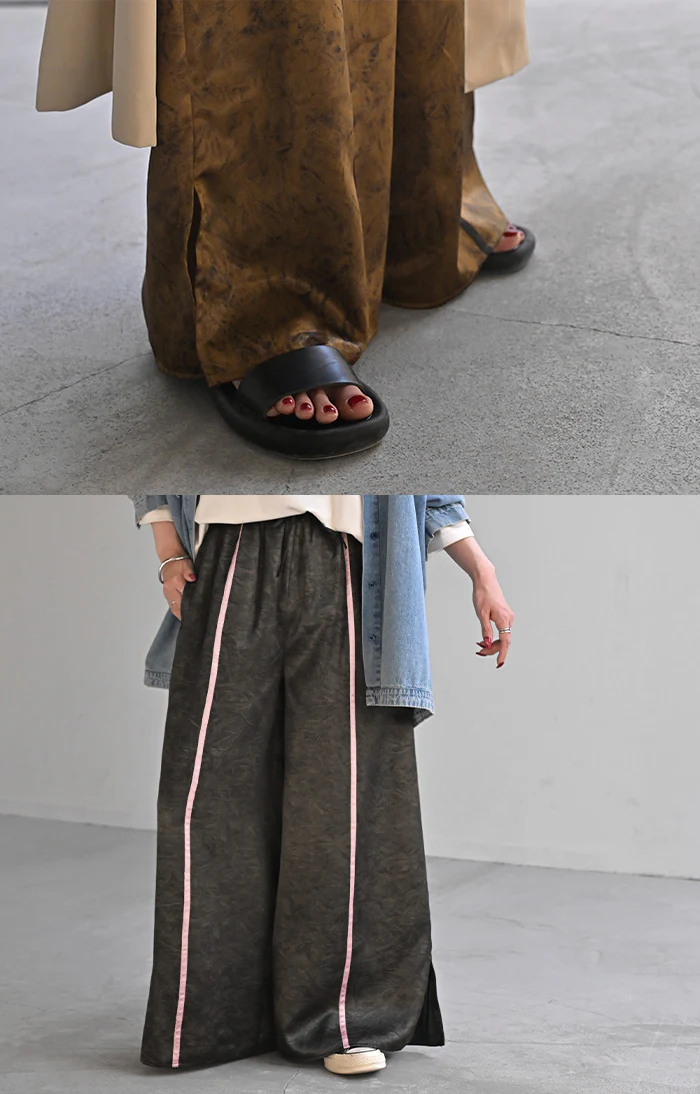パンツ ワイド ラインパンツ レディース ワイドパンツ 太い ガウチョ ガウチョパンツ ズボン ずぼん ボトムス ライン カラーパンツ ロング スポーティー マーブル 柄 フレアパンツ ウエストゴム ジャージ 体型カバー 大きいサイズ 黒 春 夏 HUG.U - Image 15