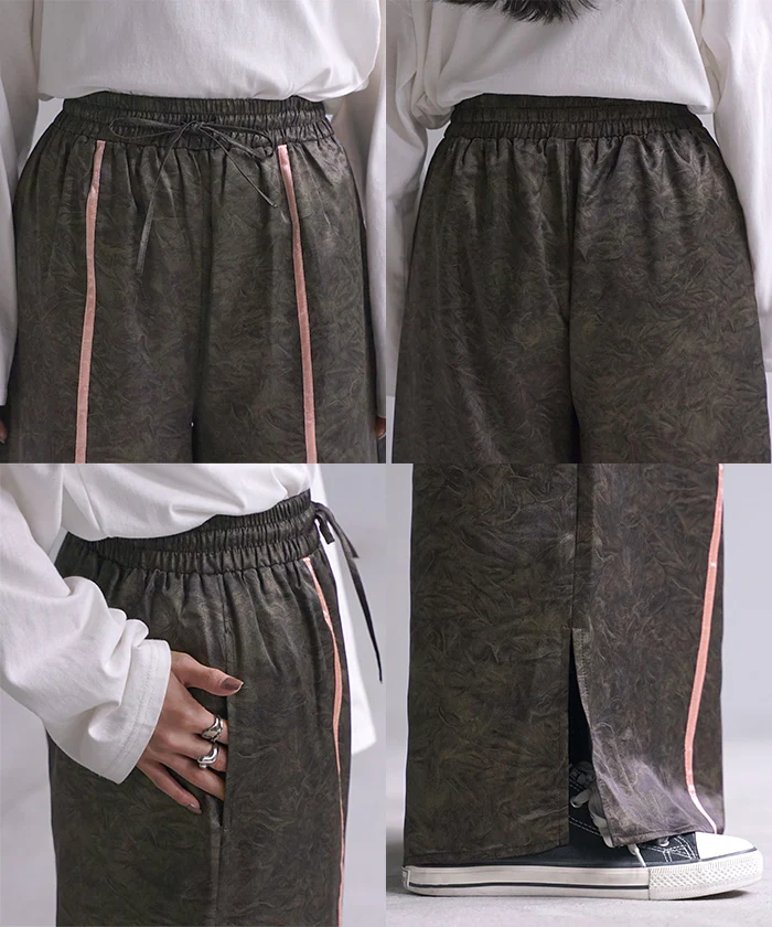 パンツ ワイド ラインパンツ レディース ワイドパンツ 太い ガウチョ ガウチョパンツ ズボン ずぼん ボトムス ライン カラーパンツ ロング スポーティー マーブル 柄 フレアパンツ ウエストゴム ジャージ 体型カバー 大きいサイズ 黒 春 夏 HUG.U - Image 23
