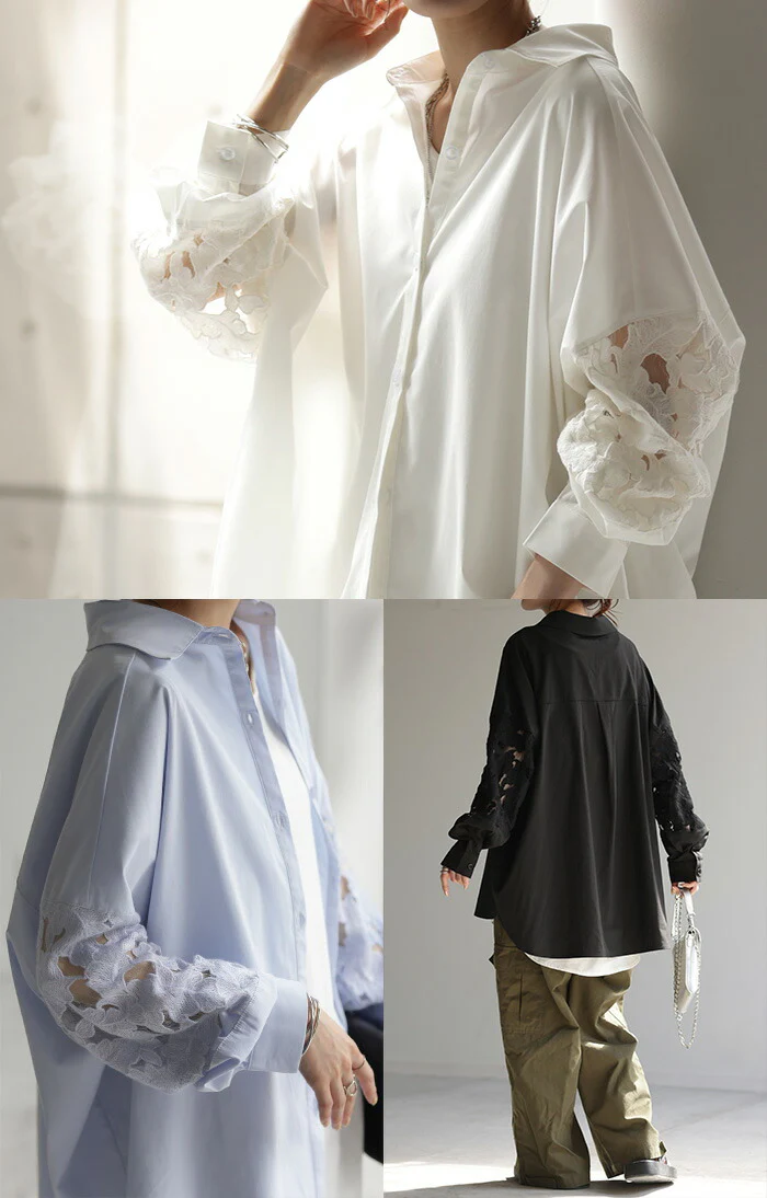 シャツ シアー レース 体型カバー チュニック トップス レディース 長袖 ロング ロングシャツ ブラウス カラーシャツ オーバーサイズ 長い きれいめ ドロップショルダー ドルマン 彼シャツ 羽織 シアーシャツ 大きいサイズ ブルー 黒 白 春 夏 HUG.U - Image 3