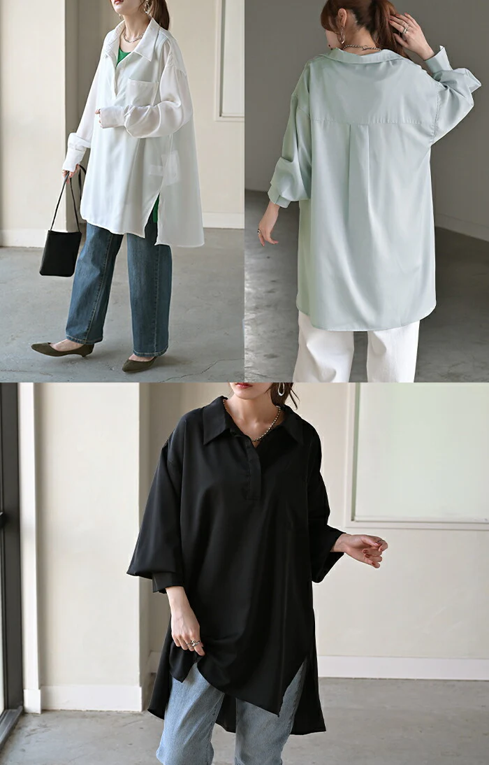 シャツ サテン 風 ロング レディース トップス ロングシャツ チュニック ブラウス プルオーバー Vネック 長袖 無地 Aライン きれいめ ゆったり 大きいサイズ 体型カバー お尻が隠れる きれいめ 通勤 オフィスカジュアル 上品 黒 白 春 夏 HUG.U メール便 - Image 19