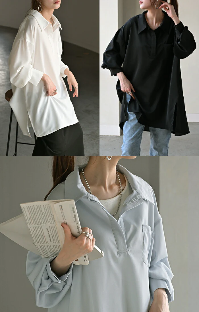 シャツ サテン 風 ロング レディース トップス ロングシャツ チュニック ブラウス プルオーバー Vネック 長袖 無地 Aライン きれいめ ゆったり 大きいサイズ 体型カバー お尻が隠れる きれいめ 通勤 オフィスカジュアル 上品 黒 白 春 夏 HUG.U メール便 - Image 21