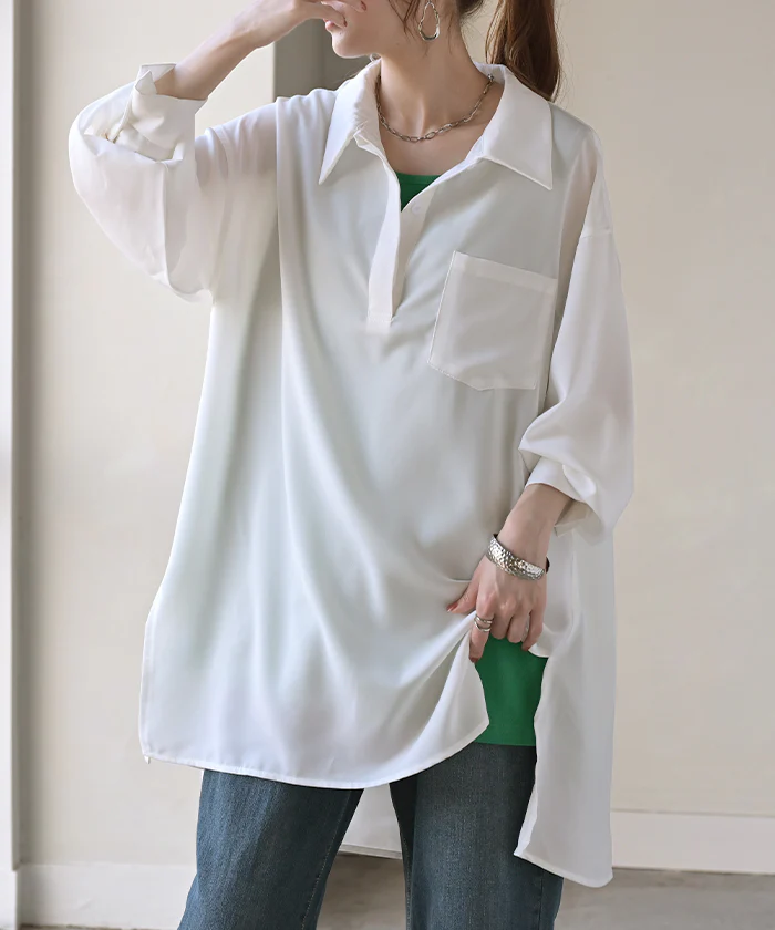 シャツ サテン 風 ロング レディース トップス ロングシャツ チュニック ブラウス プルオーバー Vネック 長袖 無地 Aライン きれいめ ゆったり 大きいサイズ 体型カバー お尻が隠れる きれいめ 通勤 オフィスカジュアル 上品 黒 白 春 夏 HUG.U メール便 - Image 26