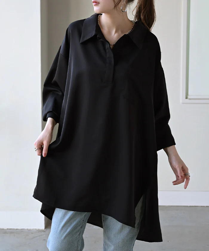 シャツ サテン 風 ロング レディース トップス ロングシャツ チュニック ブラウス プルオーバー Vネック 長袖 無地 Aライン きれいめ ゆったり 大きいサイズ 体型カバー お尻が隠れる きれいめ 通勤 オフィスカジュアル 上品 黒 白 春 夏 HUG.U メール便 - Image 28