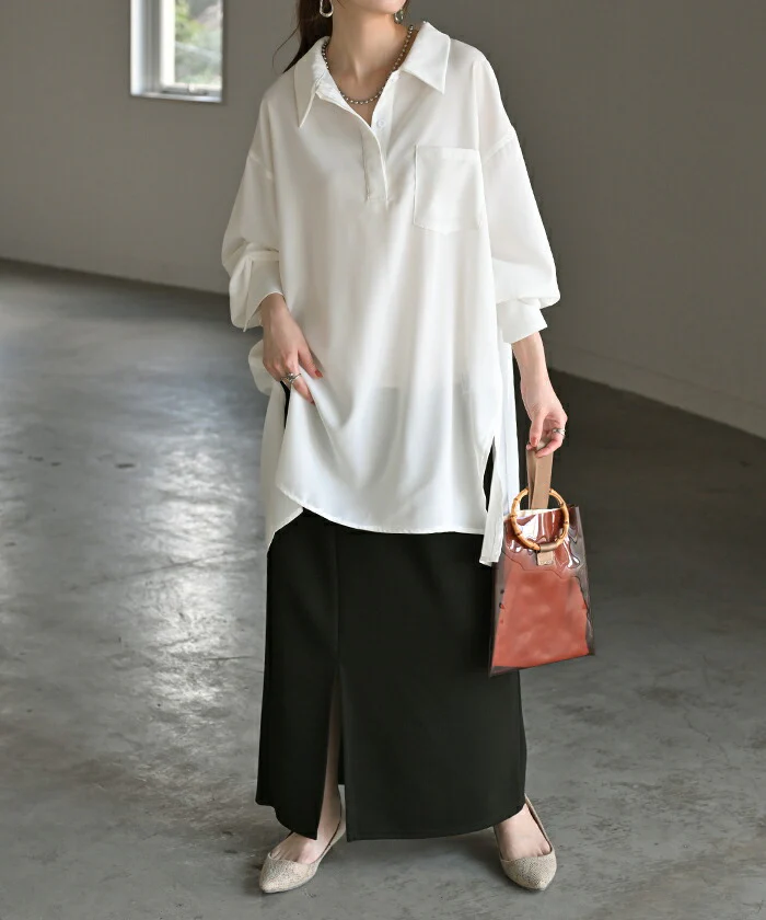 シャツ サテン 風 ロング レディース トップス ロングシャツ チュニック ブラウス プルオーバー Vネック 長袖 無地 Aライン きれいめ ゆったり 大きいサイズ 体型カバー お尻が隠れる きれいめ 通勤 オフィスカジュアル 上品 黒 白 春 夏 HUG.U メール便 - Image 3