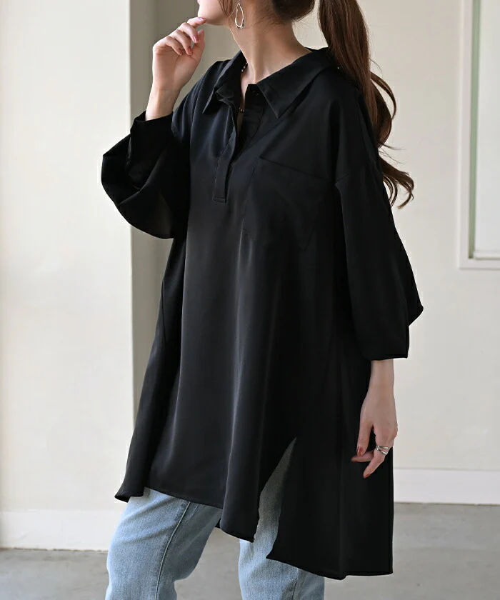 シャツ サテン 風 ロング レディース トップス ロングシャツ チュニック ブラウス プルオーバー Vネック 長袖 無地 Aライン きれいめ ゆったり 大きいサイズ 体型カバー お尻が隠れる きれいめ 通勤 オフィスカジュアル 上品 黒 白 春 夏 HUG.U メール便 - Image 5