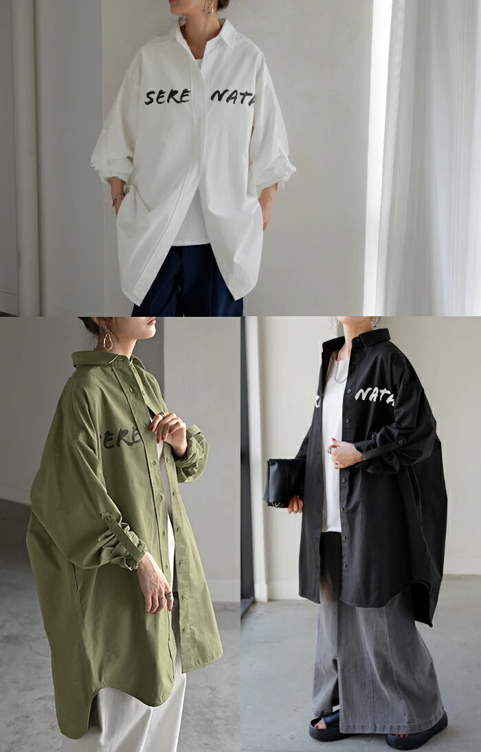 シャツ ロゴ ロング レディース トップス ロングシャツ チュニック ブラウス 綿100 ワンピース プリント 長袖 長い 無地 シンプル ゆったり レイヤード 羽織 ライトアウター 大きいサイズ 体型カバー お尻が隠れる きれいめ 黒 白 春 夏 HUG.U - Image 11