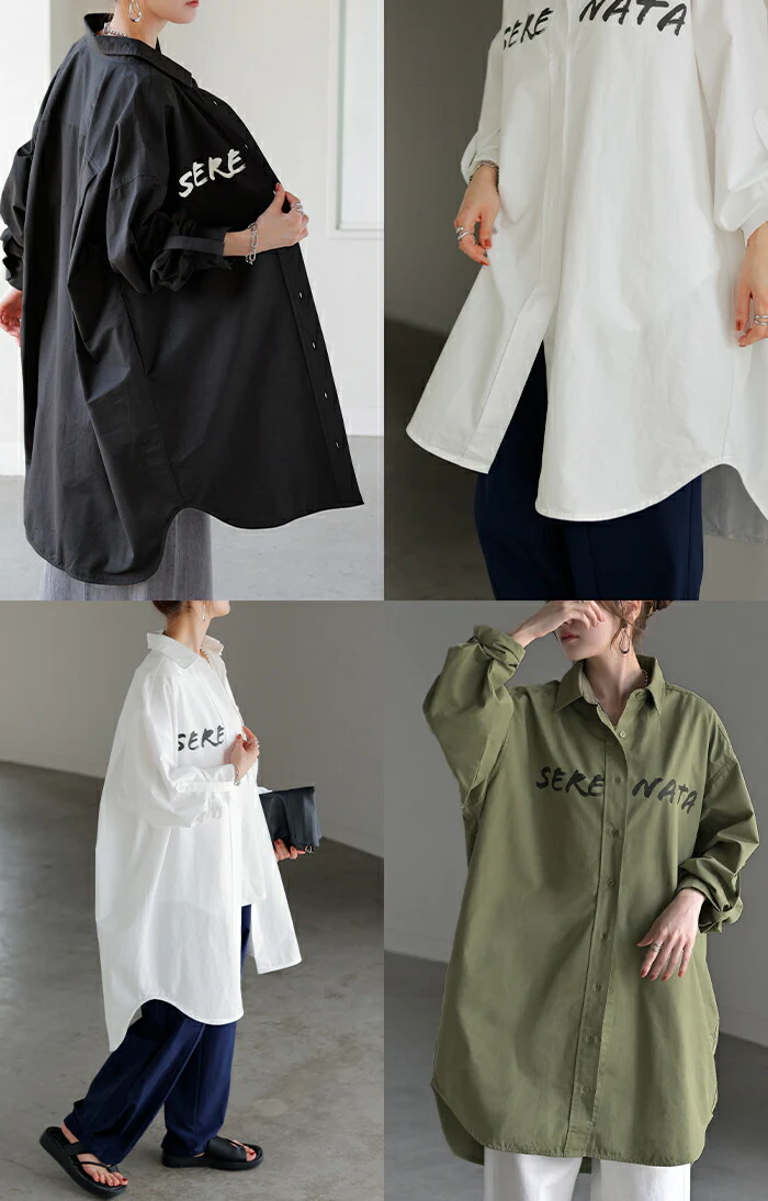 シャツ ロゴ ロング レディース トップス ロングシャツ チュニック ブラウス 綿100 ワンピース プリント 長袖 長い 無地 シンプル ゆったり レイヤード 羽織 ライトアウター 大きいサイズ 体型カバー お尻が隠れる きれいめ 黒 白 春 夏 HUG.U - Image 20