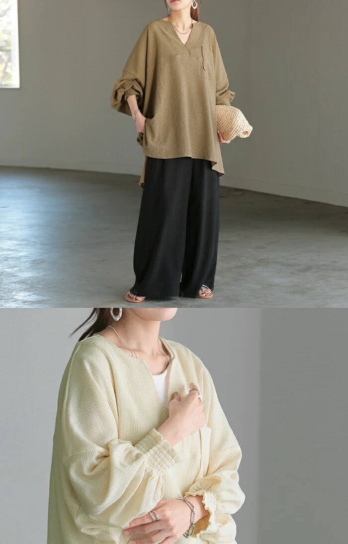 シャツ 楊柳 ブラウス スキッパー レディース ■一部7月上旬入荷 Vネック トップス ロング ロングシャツ チュニック 長袖 無地 羽織 きれいめ ゆったり 大きいサイズ 体型カバー お尻が隠れる ぽわん袖 変形シルエット 別売り セットアップ 可 黒 白 春 夏 HUG.U - Image 6
