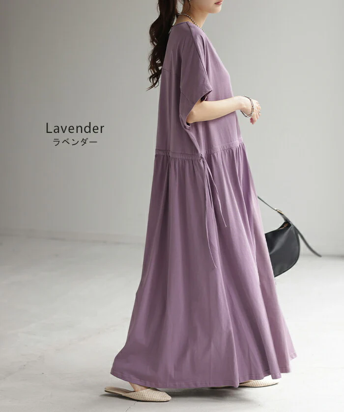 【夏セール】 ワンピース 半袖 ロング レディース カットソー ワンピ マキシワンピース ロングワンピース ロングワンピ ナチュラル マキシ ドルマン Vネック Tシャツ きれいめ 大きいサイズ 体型カバー ゆったり 綿100% 黒 ブラック ベージュ 春 夏 HUG.U - Image 3
