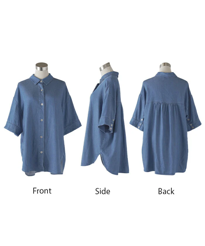 シャツ デニムシャツ 半袖 レディース ロング ロングシャツ チュニック オーバーサイズ アウター デニムジャケット デニム 風 トップス ジャケット ドルマン 体型カバー お尻が隠れる 二の腕カバー 羽織 無地 大きいサイズ ブルー ネイビー 春 夏 HUG.U - Image 23