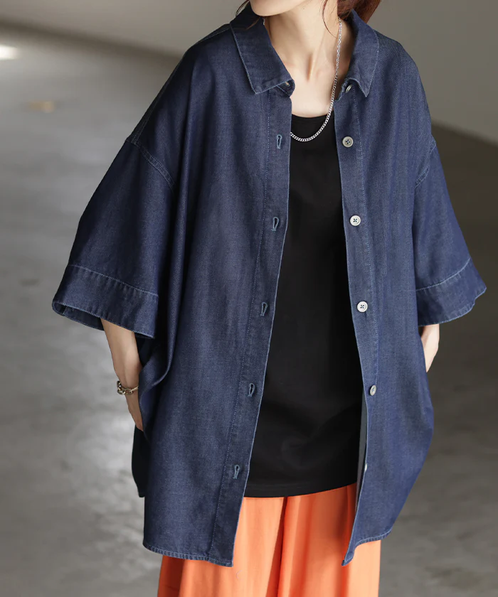 シャツ デニムシャツ 半袖 レディース ロング ロングシャツ チュニック オーバーサイズ アウター デニムジャケット デニム 風 トップス ジャケット ドルマン 体型カバー お尻が隠れる 二の腕カバー 羽織 無地 大きいサイズ ブルー ネイビー 春 夏 HUG.U - Image 27