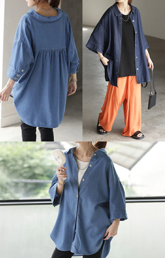 シャツ デニムシャツ 半袖 レディース ロング ロングシャツ チュニック オーバーサイズ アウター デニムジャケット デニム 風 トップス ジャケット ドルマン 体型カバー お尻が隠れる 二の腕カバー 羽織 無地 大きいサイズ ブルー ネイビー 春 夏 HUG.U - Image 9