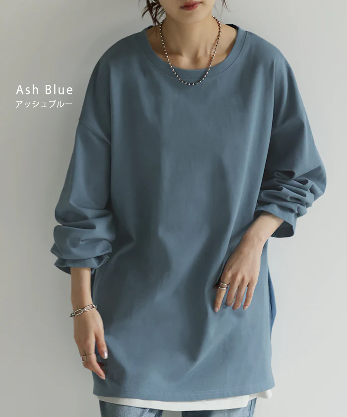 ロンT 綿100% レディース カットソー ティーシャツ 無地 長袖 Tシャツ ロング チュニック ビッグ ドルマン ルーズ 大きいサイズ きれいめ トップス ドルマン Uネック 長い 体型カバー 大人 お洒落 お尻が隠れる ベーシック ブラック 白 春 夏 HUG.U メール便 - Image 13
