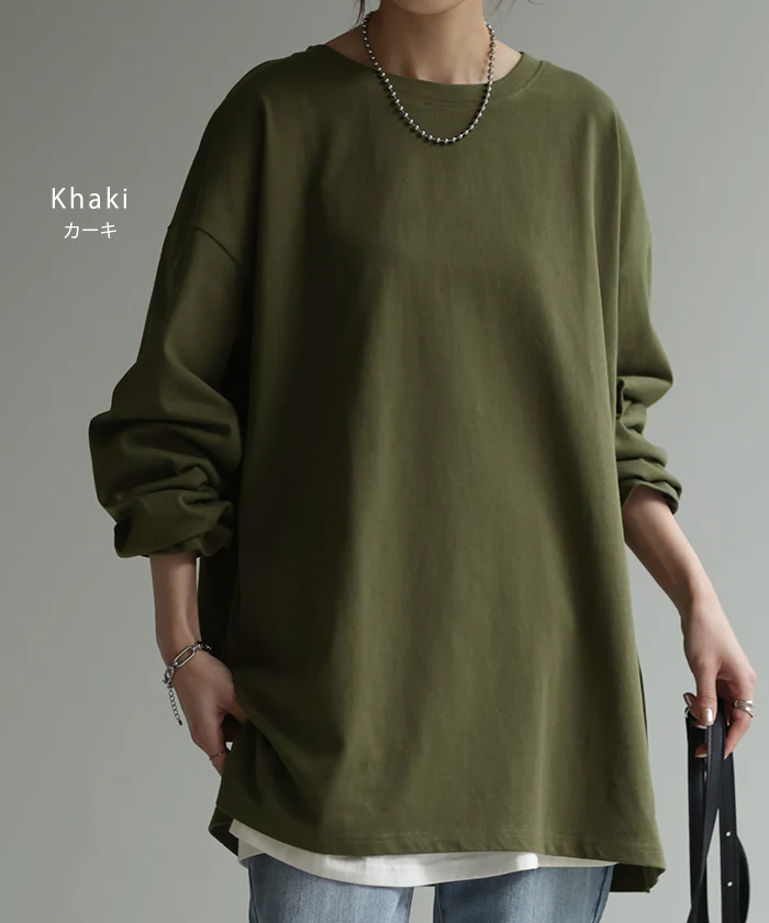 ロンT 綿100% レディース カットソー ティーシャツ 無地 長袖 Tシャツ ロング チュニック ビッグ ドルマン ルーズ 大きいサイズ きれいめ トップス ドルマン Uネック 長い 体型カバー 大人 お洒落 お尻が隠れる ベーシック ブラック 白 春 夏 HUG.U メール便 - Image 15