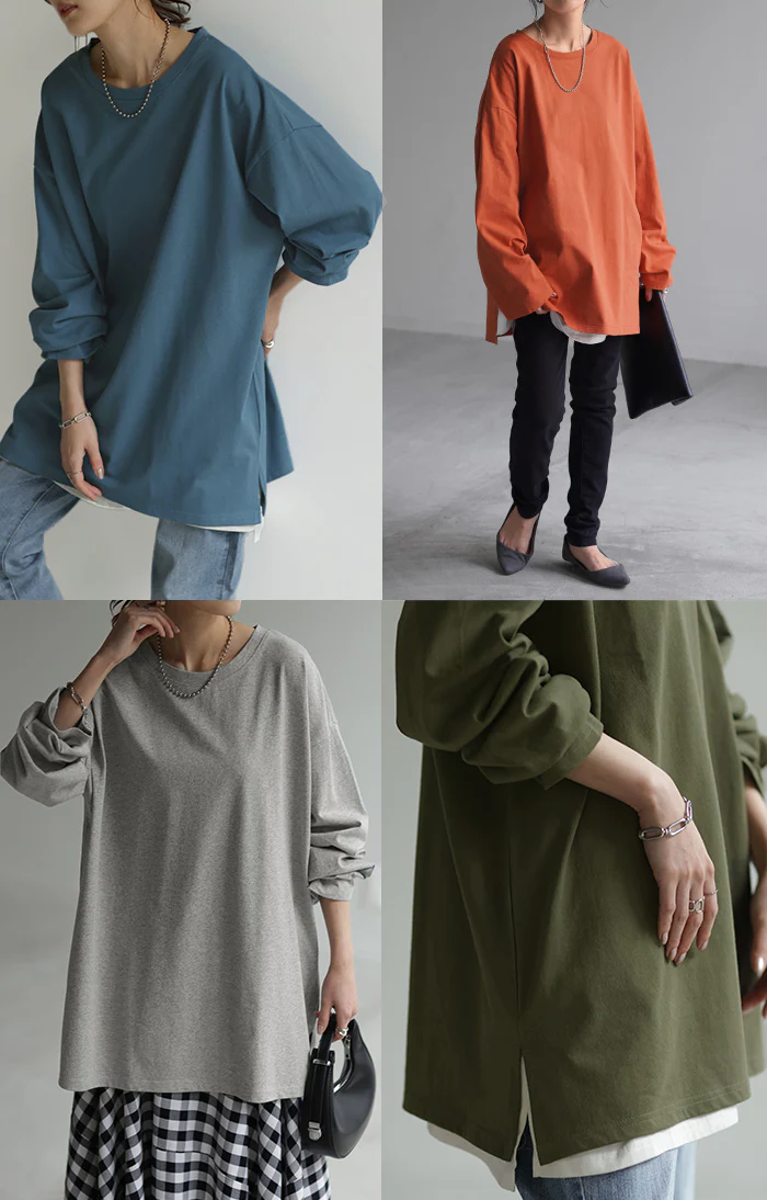 ロンT 綿100% レディース カットソー ティーシャツ 無地 長袖 Tシャツ ロング チュニック ビッグ ドルマン ルーズ 大きいサイズ きれいめ トップス ドルマン Uネック 長い 体型カバー 大人 お洒落 お尻が隠れる ベーシック ブラック 白 春 夏 HUG.U メール便 - Image 20