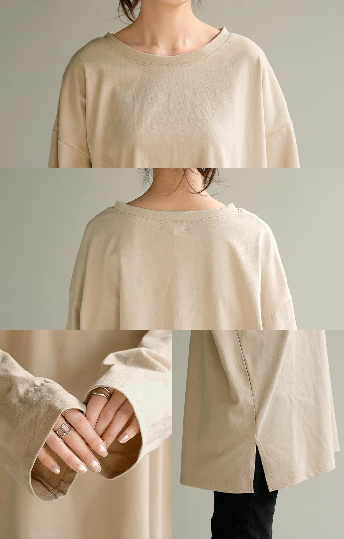 ロンT 綿100% レディース カットソー ティーシャツ 無地 長袖 Tシャツ ロング チュニック ビッグ ドルマン ルーズ 大きいサイズ きれいめ トップス ドルマン Uネック 長い 体型カバー 大人 お洒落 お尻が隠れる ベーシック ブラック 白 春 夏 HUG.U メール便 - Image 27