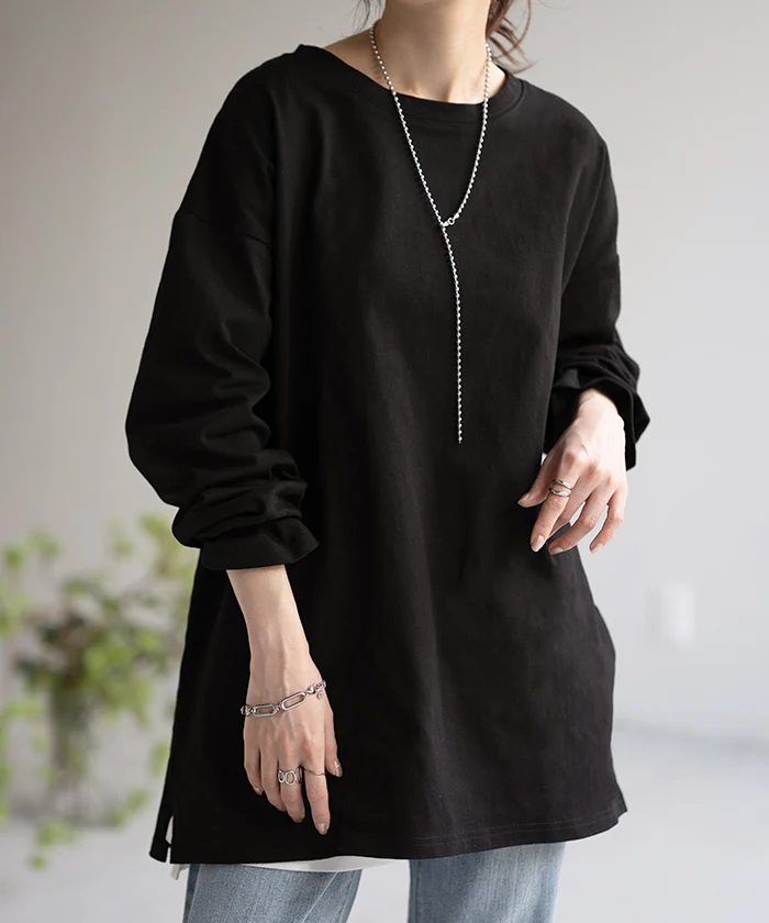 ロンT 綿100% レディース カットソー ティーシャツ 無地 長袖 Tシャツ ロング チュニック ビッグ ドルマン ルーズ 大きいサイズ きれいめ トップス ドルマン Uネック 長い 体型カバー 大人 お洒落 お尻が隠れる ベーシック ブラック 白 春 夏 HUG.U メール便 - Image 32
