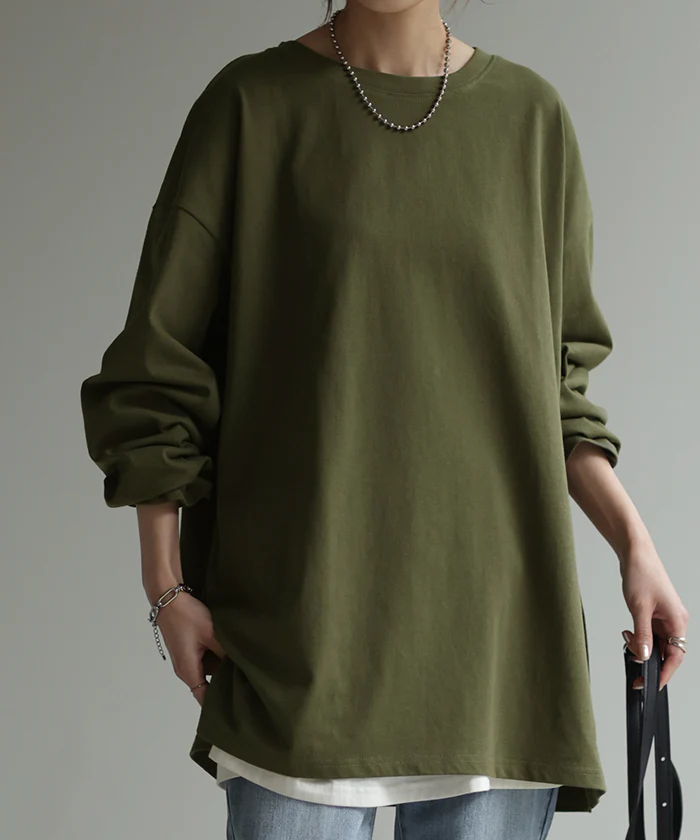 ロンT 綿100% レディース カットソー ティーシャツ 無地 長袖 Tシャツ ロング チュニック ビッグ ドルマン ルーズ 大きいサイズ きれいめ トップス ドルマン Uネック 長い 体型カバー 大人 お洒落 お尻が隠れる ベーシック ブラック 白 春 夏 HUG.U メール便 - Image 35