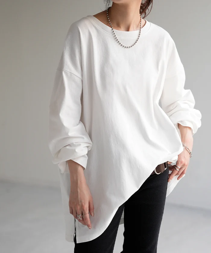 ロンT 綿100% レディース カットソー ティーシャツ 無地 長袖 Tシャツ ロング チュニック ビッグ ドルマン ルーズ 大きいサイズ きれいめ トップス ドルマン Uネック 長い 体型カバー 大人 お洒落 お尻が隠れる ベーシック ブラック 白 春 夏 HUG.U メール便 - Image 40