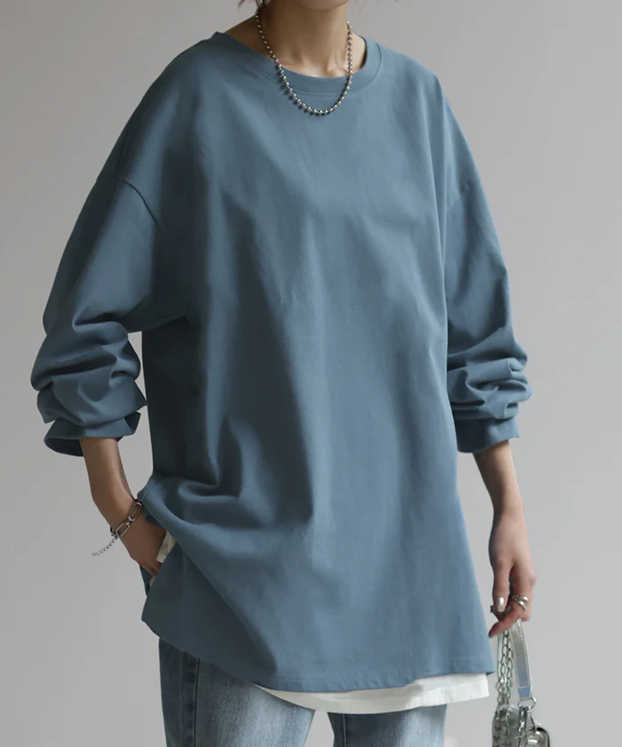 ロンT 綿100% レディース カットソー ティーシャツ 無地 長袖 Tシャツ ロング チュニック ビッグ ドルマン ルーズ 大きいサイズ きれいめ トップス ドルマン Uネック 長い 体型カバー 大人 お洒落 お尻が隠れる ベーシック ブラック 白 春 夏 HUG.U メール便 - Image 5