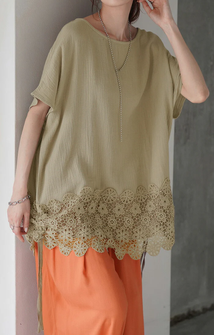 Tシャツ レース 裾 体型カバー トップス ナチュラル ティーシャツ レディース 二の腕カバー 綿100 ドルマン ビッグ チュニック 半袖 ドルマンスリーブ 大きいサイズ ロング ダブルガーゼ ガーゼ ゆったり お尻が隠れる 無地 チェック 黒 春 夏 HUG.U メール便 - Image 26