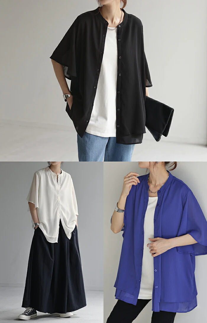 シャツ 楊柳 ノーカラー レディース トップス シアー ロング ロングシャツ チュニック ブラウス フレア袖 バンドカラー オーバーサイズ ゆったり ドルマン 体型カバー レイヤード お尻が隠れる 羽織 無地 半袖 きれいめ 大きいサイズ 白 黒 春 夏 HUG.U メール便 - Image 12