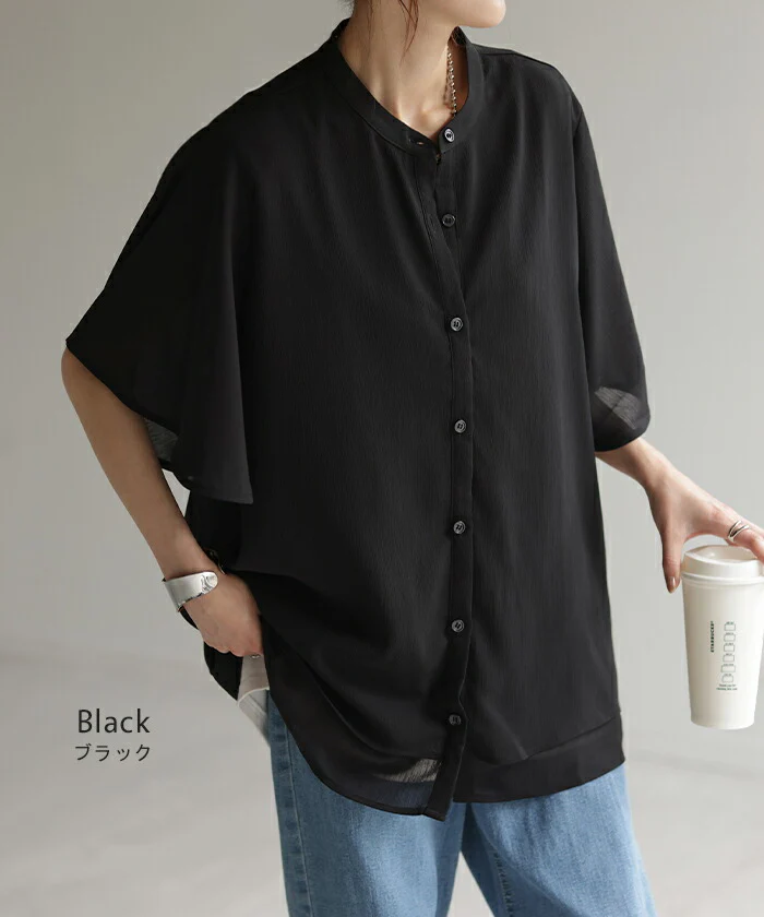 シャツ 楊柳 ノーカラー レディース トップス シアー ロング ロングシャツ チュニック ブラウス フレア袖 バンドカラー オーバーサイズ ゆったり ドルマン 体型カバー レイヤード お尻が隠れる 羽織 無地 半袖 きれいめ 大きいサイズ 白 黒 春 夏 HUG.U メール便 - Image 15
