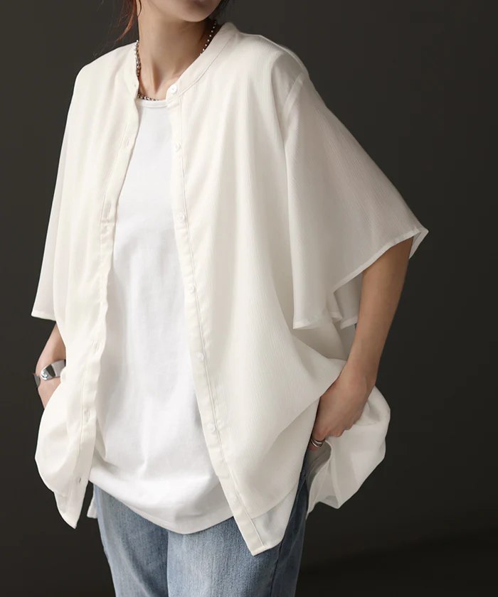 シャツ 楊柳 ノーカラー レディース トップス シアー ロング ロングシャツ チュニック ブラウス フレア袖 バンドカラー オーバーサイズ ゆったり ドルマン 体型カバー レイヤード お尻が隠れる 羽織 無地 半袖 きれいめ 大きいサイズ 白 黒 春 夏 HUG.U メール便 - Image 26