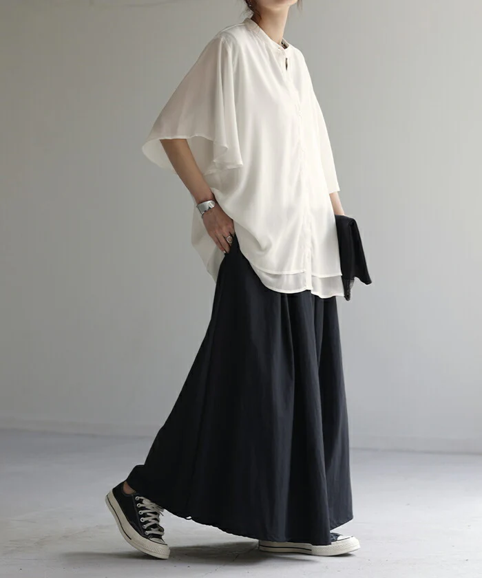 シャツ 楊柳 ノーカラー レディース トップス シアー ロング ロングシャツ チュニック ブラウス フレア袖 バンドカラー オーバーサイズ ゆったり ドルマン 体型カバー レイヤード お尻が隠れる 羽織 無地 半袖 きれいめ 大きいサイズ 白 黒 春 夏 HUG.U メール便 - Image 8