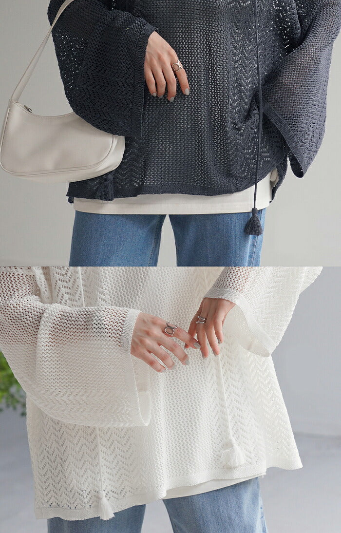 パーカー レディース サマーニット トップス サマーニットパーカー キーネックパーカー タッセル メッシュ メッシュパーカー シアー ロング プルオーバー レイヤード 長袖 体型カバー 大きいサイズ ゆる 無地 黒 ブラック カーキ 白 春 夏 HUG.U - Image 13