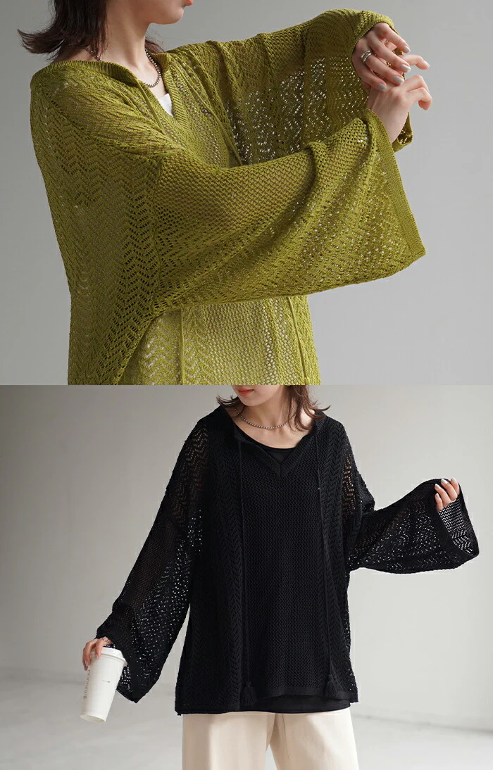 パーカー レディース サマーニット トップス サマーニットパーカー キーネックパーカー タッセル メッシュ メッシュパーカー シアー ロング プルオーバー レイヤード 長袖 体型カバー 大きいサイズ ゆる 無地 黒 ブラック カーキ 白 春 夏 HUG.U - Image 19