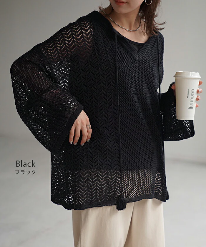 パーカー レディース サマーニット トップス サマーニットパーカー キーネックパーカー タッセル メッシュ メッシュパーカー シアー ロング プルオーバー レイヤード 長袖 体型カバー 大きいサイズ ゆる 無地 黒 ブラック カーキ 白 春 夏 HUG.U - Image 20