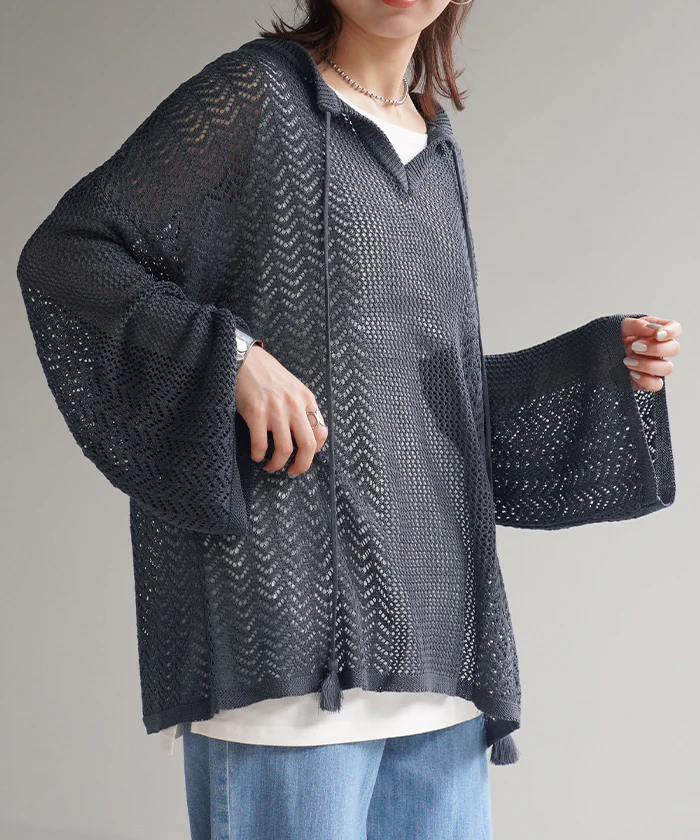 パーカー レディース サマーニット トップス サマーニットパーカー キーネックパーカー タッセル メッシュ メッシュパーカー シアー ロング プルオーバー レイヤード 長袖 体型カバー 大きいサイズ ゆる 無地 黒 ブラック カーキ 白 春 夏 HUG.U - Image 28