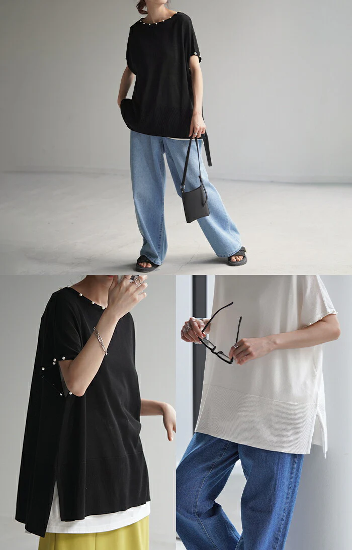 【夏セール】 Tシャツ サマーニット 速乾 パール トップス レディース ロング ニット テンセル 涼しい ティーシャツ オーバーサイズ ビック チュニック フレンチスリーブ 体型カバー 半袖 大きいサイズ Uネック きれいめ 白T お尻が隠れる 無地 白 黒 春 夏 HUG.U メール便 - Image 11