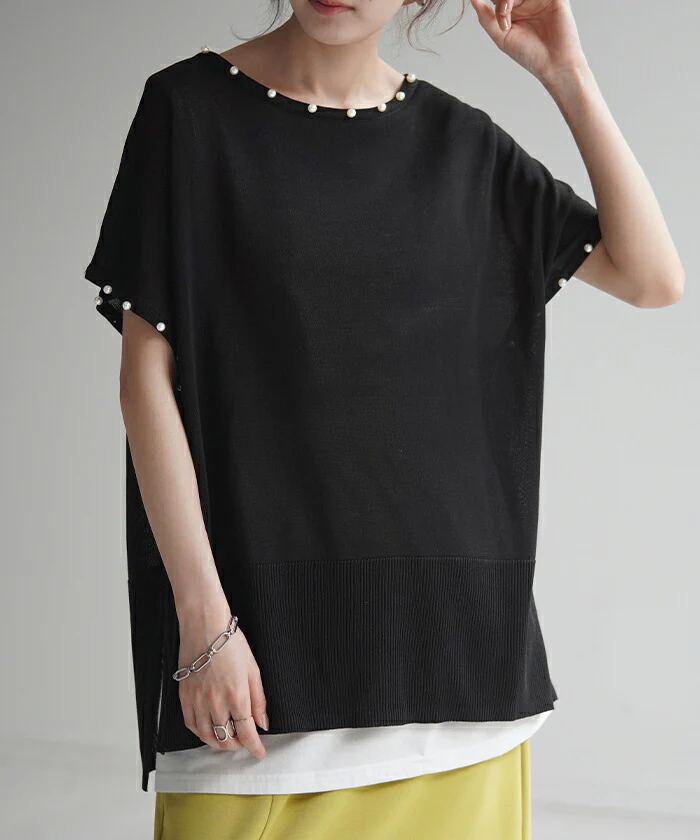 【夏セール】 Tシャツ サマーニット 速乾 パール トップス レディース ロング ニット テンセル 涼しい ティーシャツ オーバーサイズ ビック チュニック フレンチスリーブ 体型カバー 半袖 大きいサイズ Uネック きれいめ 白T お尻が隠れる 無地 白 黒 春 夏 HUG.U メール便 - Image 5