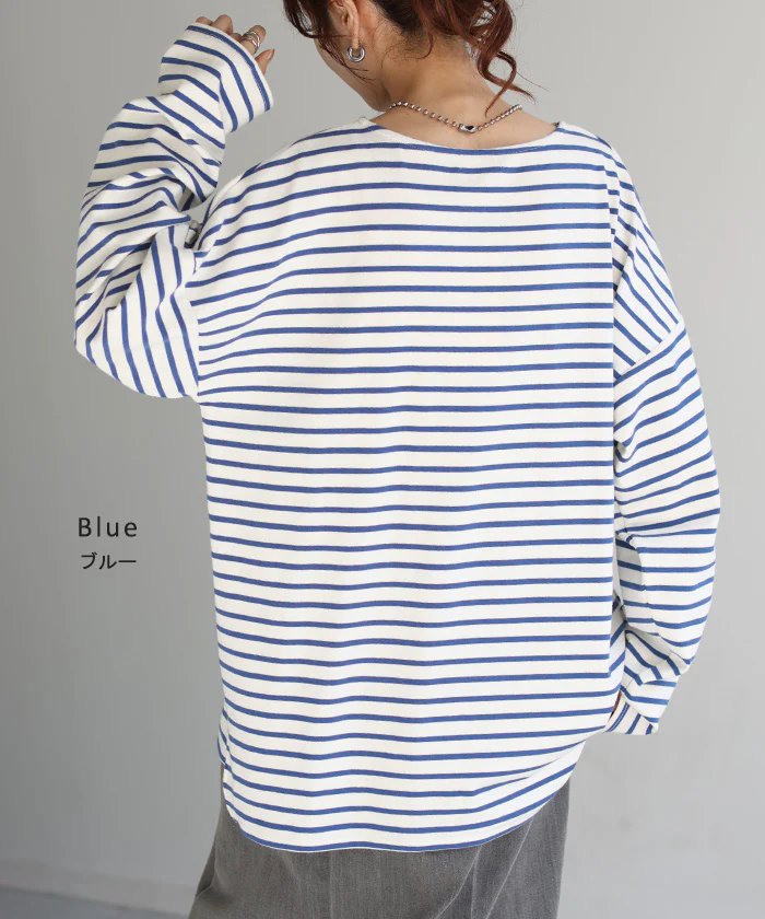 ロンT ボーダー レディース カットソー 綿100％ ティーシャツ ストレッチ 長袖 Tシャツ ロング チュニック ビッグ ドルマン 大きいサイズ きれいめ ゆる トップス Uネック 長い オーバーサイズ 体型カバー おしゃれ ブラック 黒 白 ブルー 春 夏 HUG.U メール便 - Image 12