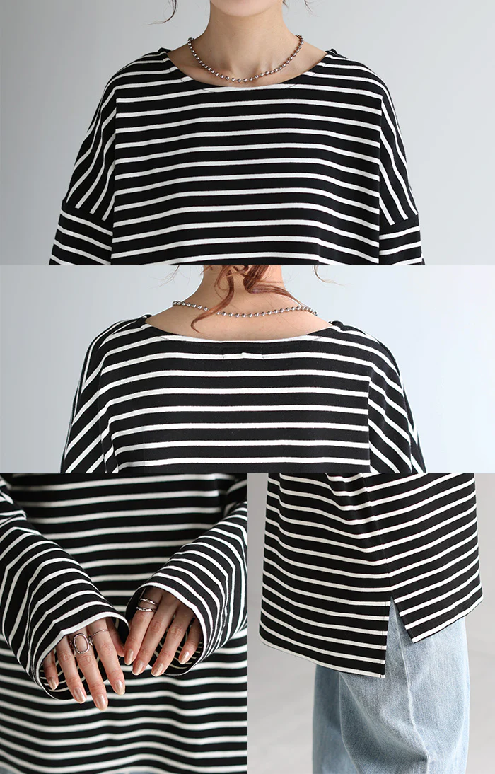 ロンT ボーダー レディース カットソー 綿100％ ティーシャツ ストレッチ 長袖 Tシャツ ロング チュニック ビッグ ドルマン 大きいサイズ きれいめ ゆる トップス Uネック 長い オーバーサイズ 体型カバー おしゃれ ブラック 黒 白 ブルー 春 夏 HUG.U メール便 - Image 22