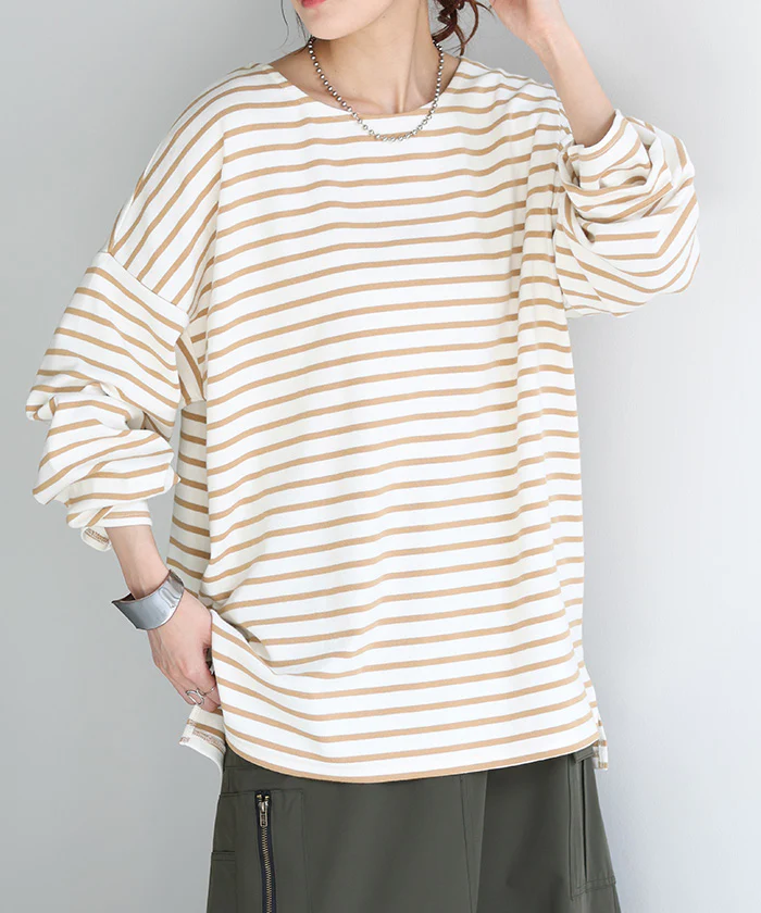 ロンT ボーダー レディース カットソー 綿100％ ティーシャツ ストレッチ 長袖 Tシャツ ロング チュニック ビッグ ドルマン 大きいサイズ きれいめ ゆる トップス Uネック 長い オーバーサイズ 体型カバー おしゃれ ブラック 黒 白 ブルー 春 夏 HUG.U メール便 - Image 28