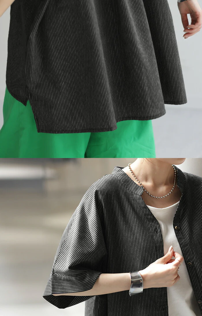 ブラウス ストライプ 綿100％ レディース ロング チュニック ■一部7月上旬入荷 シャツ トップス ロングシャツ ボーダー ボタン オーバーサイズ お尻が隠れる 半袖 バンドカラー キーネック ドルマン 羽織 スリット 長い 体型カバー 大きいサイズ ゆる 黒 白 春 夏 HUG.U - Image 21