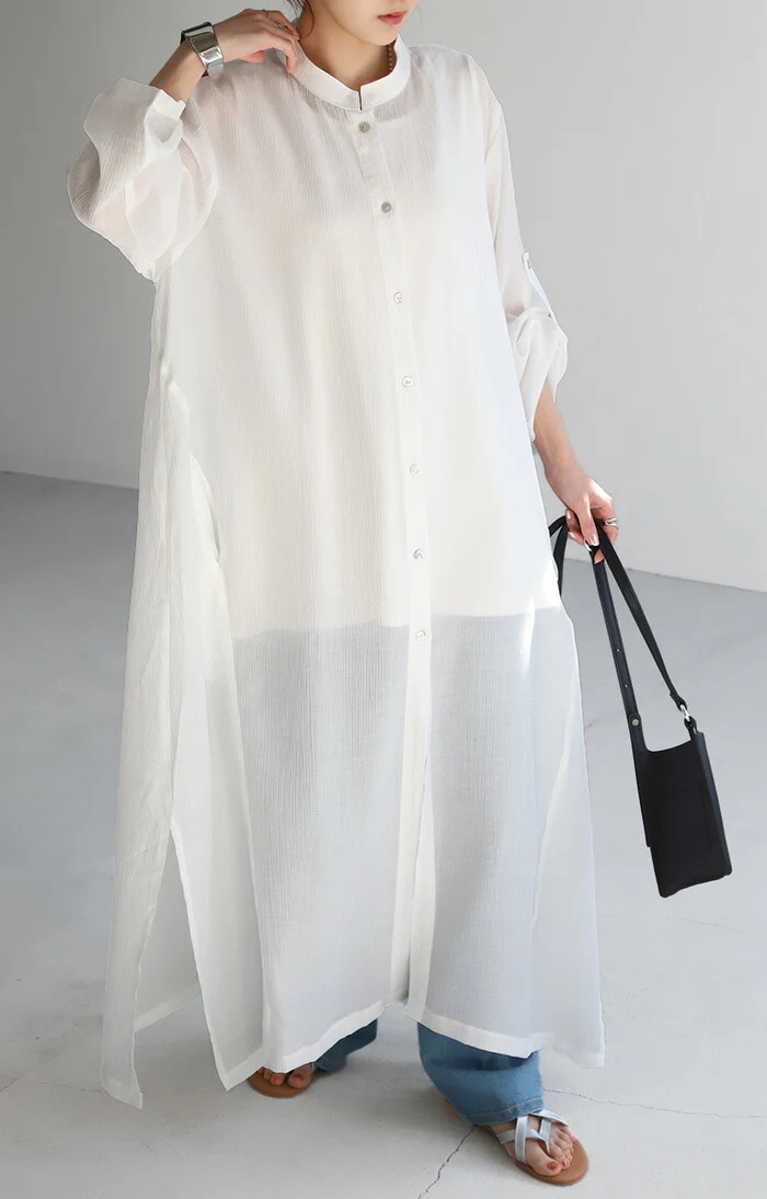 ワンピース 楊柳 ロング シャツワンピース シャツ ワンピ レディース ロングワンピース ロングワンピ マキシ マキシワンピース シャツワンピ Aライン シアー ノーカラ― バンドカラー 長袖 無地 大きいサイズ 体型カバー ピンク 黒 春 夏 HUG.U - Image 15