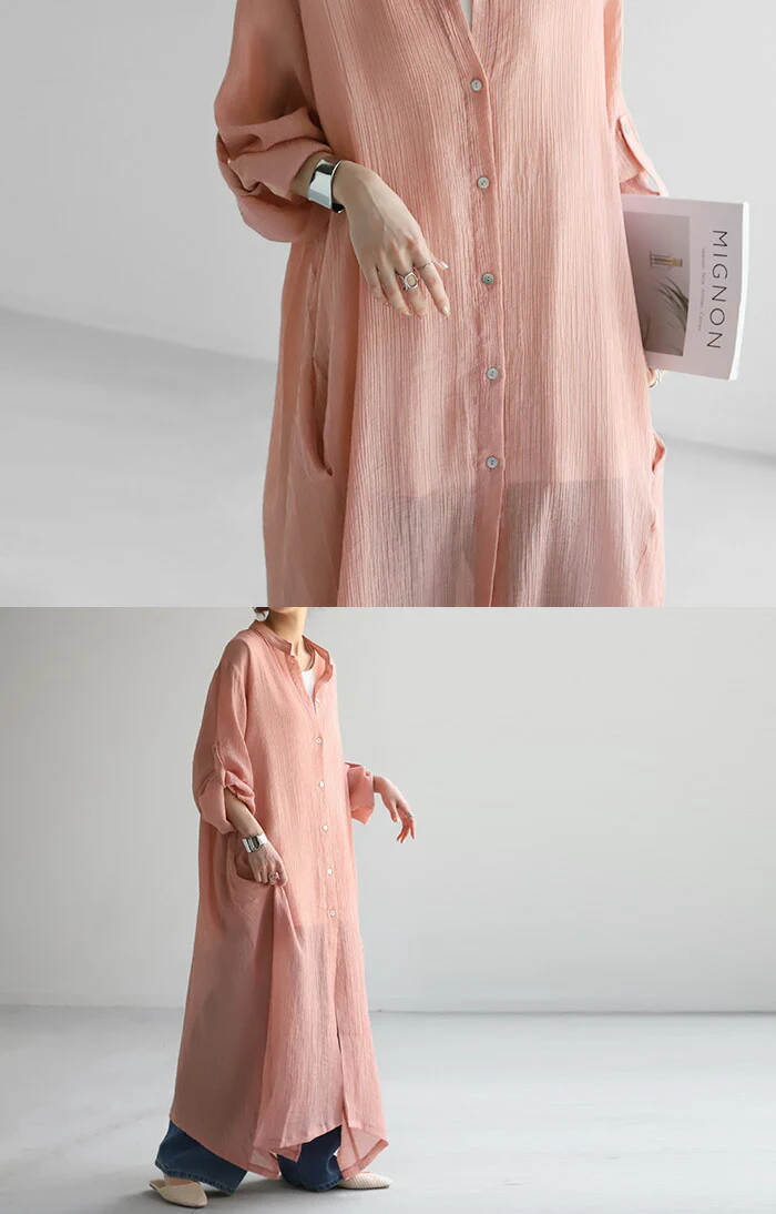 ワンピース 楊柳 ロング シャツワンピース シャツ ワンピ レディース ロングワンピース ロングワンピ マキシ マキシワンピース シャツワンピ Aライン シアー ノーカラ― バンドカラー 長袖 無地 大きいサイズ 体型カバー ピンク 黒 春 夏 HUG.U - Image 18