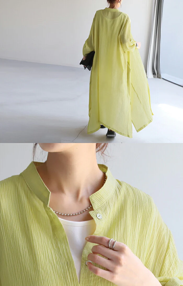 ワンピース 楊柳 ロング シャツワンピース シャツ ワンピ レディース ロングワンピース ロングワンピ マキシ マキシワンピース シャツワンピ Aライン シアー ノーカラ― バンドカラー 長袖 無地 大きいサイズ 体型カバー ピンク 黒 春 夏 HUG.U - Image 22