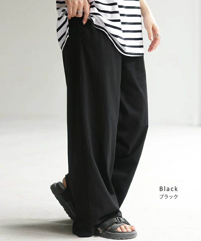 パンツ タックパンツ ワイド カラーパンツ ワイドパンツ ロング カットソー ウエストゴム 太い タック イージーパンツ 体型カバー 脚長効果 綿100％ ゴム ハイウエスト ガウチョ バギーパンツ ズボン 楽 きれいめ 無地 大きいサイズ 黒 ブルー 春 夏 HUG.U - Image 14