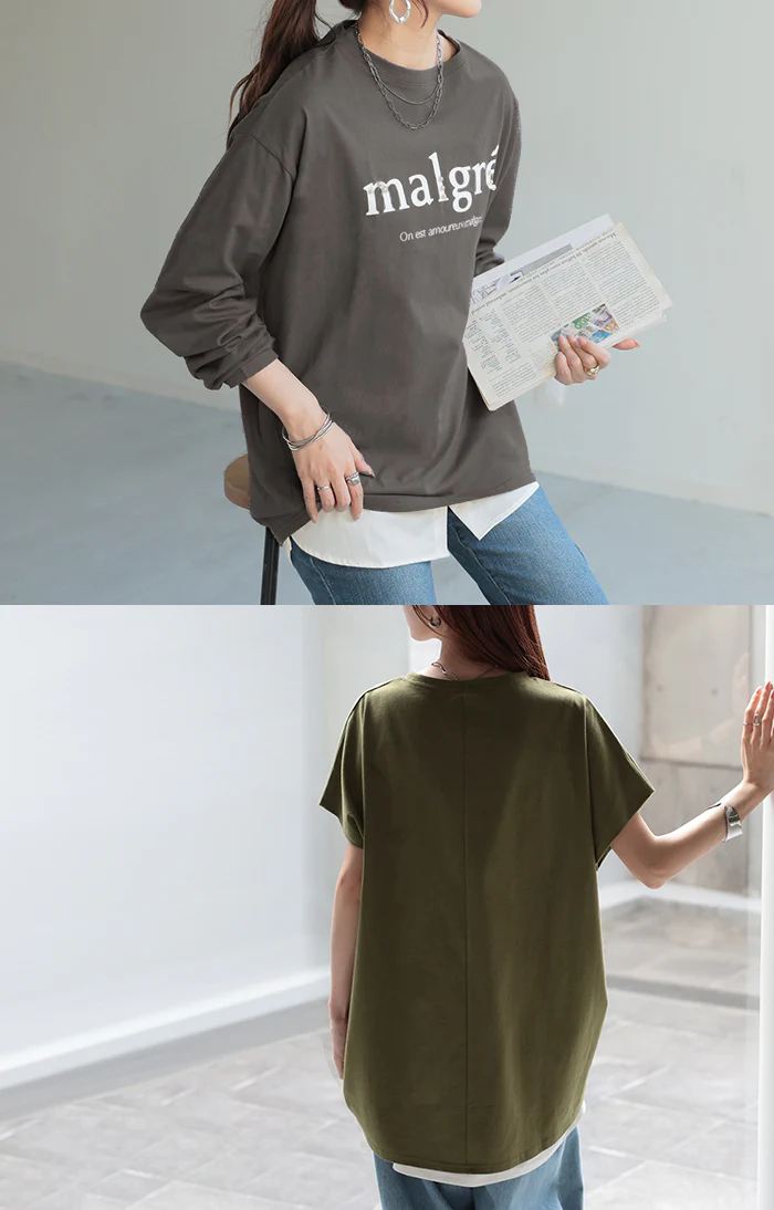 ロゴ Tシャツ ロンT レディース トップス 半袖 長袖 プリント カットソー ロング ティーシャツ チュニック ビッグ プラスサイズ クルーネック 長い ドルマン ドルマンスリーブ ゆったり 無地 体型カバー お尻が隠れる 大きいサイズ おしゃれ 白 黒 秋 冬 HUG.U - Image 24