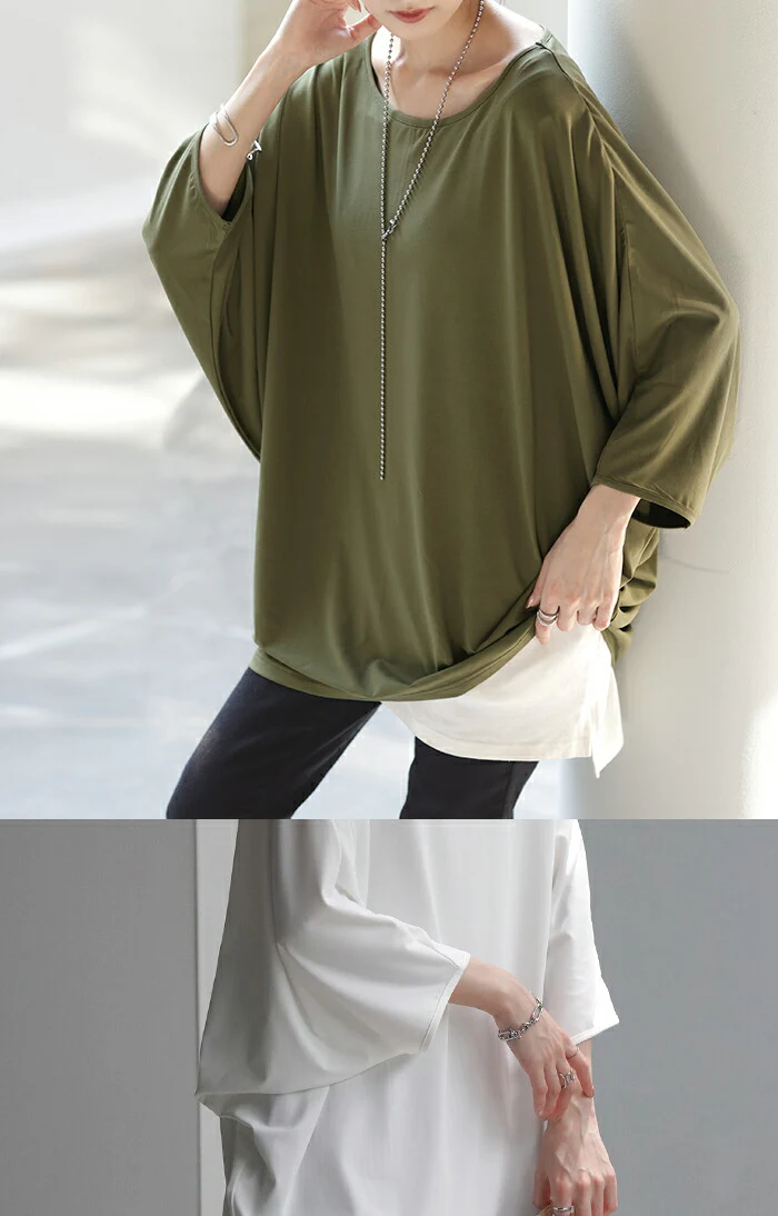 Tシャツ 接触冷感 カットソー レディース 冷感 ■一部7月上旬入荷 トップス ロング ティーシャツ オーバーサイズ チュニック ドルマン コクーン 体型カバー 半袖 無地 大きいサイズ 涼しい ボートネック ゆったり 白T お尻が隠れる ヨガ スポーツ 白 黒 春 夏 HUG.U メール便 - Image 13