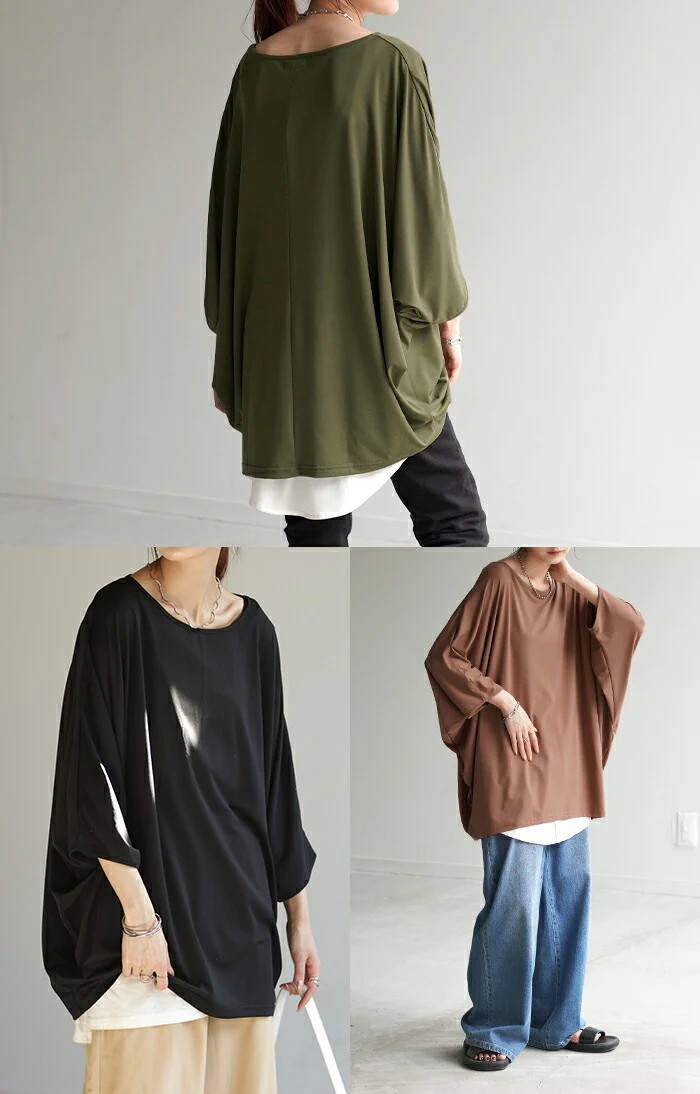 Tシャツ 接触冷感 カットソー レディース 冷感 ■一部7月上旬入荷 トップス ロング ティーシャツ オーバーサイズ チュニック ドルマン コクーン 体型カバー 半袖 無地 大きいサイズ 涼しい ボートネック ゆったり 白T お尻が隠れる ヨガ スポーツ 白 黒 春 夏 HUG.U メール便 - Image 16