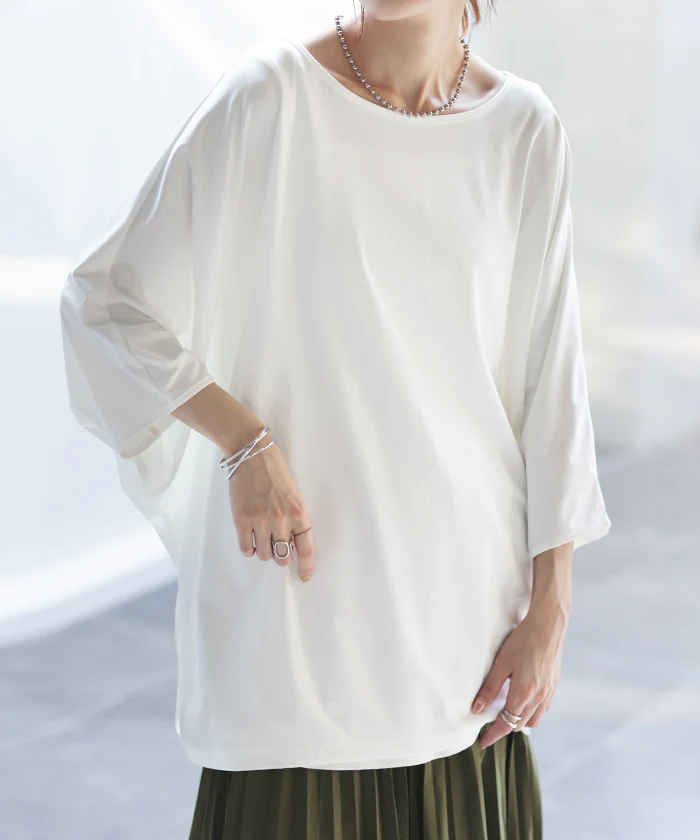 Tシャツ 接触冷感 カットソー レディース 冷感 ■一部7月上旬入荷 トップス ロング ティーシャツ オーバーサイズ チュニック ドルマン コクーン 体型カバー 半袖 無地 大きいサイズ 涼しい ボートネック ゆったり 白T お尻が隠れる ヨガ スポーツ 白 黒 春 夏 HUG.U メール便 - Image 19
