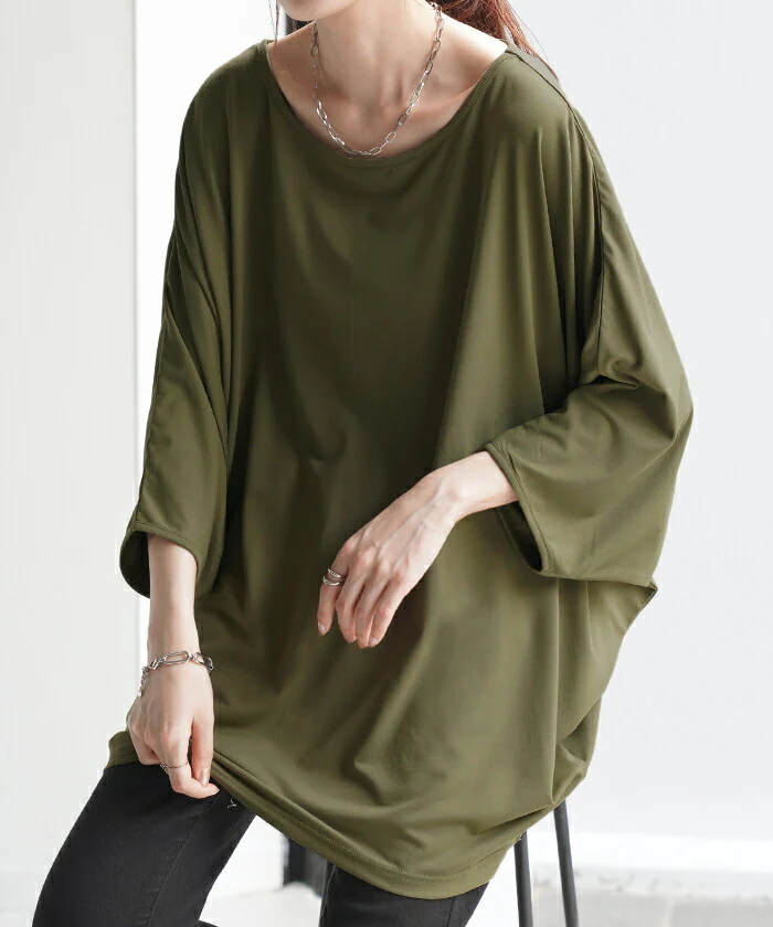 Tシャツ 接触冷感 カットソー レディース 冷感 ■一部7月上旬入荷 トップス ロング ティーシャツ オーバーサイズ チュニック ドルマン コクーン 体型カバー 半袖 無地 大きいサイズ 涼しい ボートネック ゆったり 白T お尻が隠れる ヨガ スポーツ 白 黒 春 夏 HUG.U メール便 - Image 25